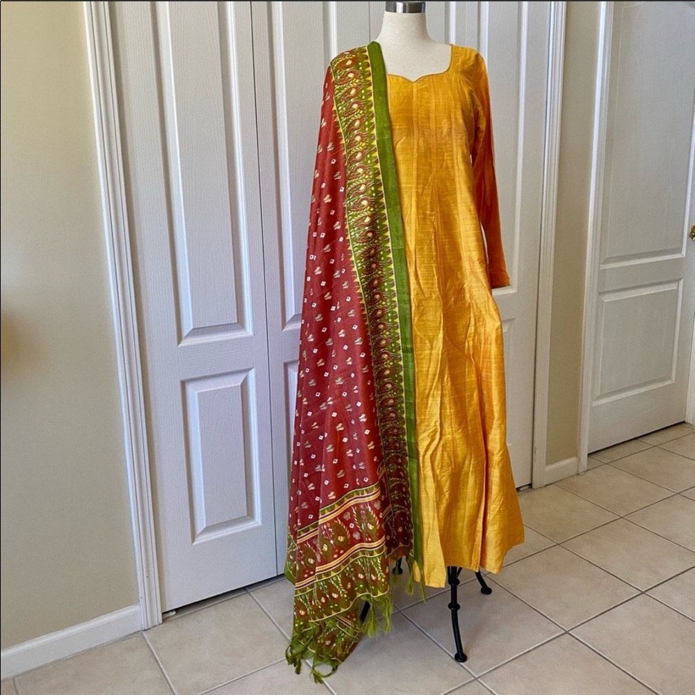 Vibrant Yellow Maxi Dress with Red and Green Dupatta
